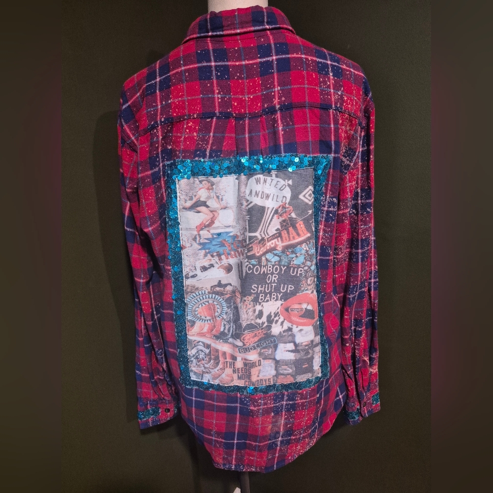 Upcyled St. John's Flanel Shirt W/ Western Collage Back Patch